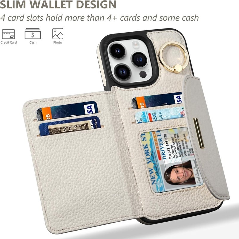 Keallce Wallet Case for iPhone 16 Pro Max 6.9'', Flip Case with Card Slots, Ring Holder Kickstand, PU Leather Protective Folio Cover for Women, Beige - Image 2